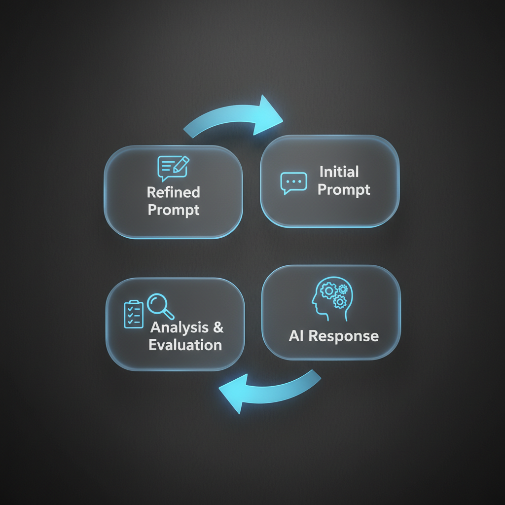 A sleek, 3D infographic on a clean, dark gray background. The infographic shows a circular, four-step process. Step 1: A block labeled 'Initial Prompt' with an icon of a simple text message. Step 2: A block labeled 'AI Response' with an icon of a gear inside a glowing blue, artificial brain. Step 3: A block labeled 'Analysis & Evaluation' with a futuristic magnifying glass icon over a checklist. Step 4: A block labeled 'Refined Prompt' with an icon of an edited, improved text message. Glowing blue arrows connect the steps, indicating a continuous loop of improvement. The style is modern, professional, with hyper-realistic rendering and studio lighting.