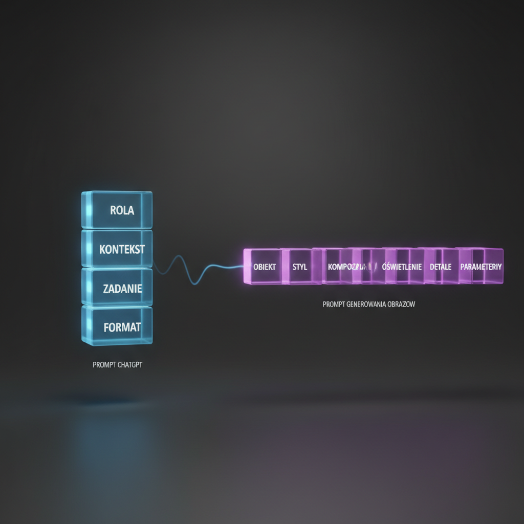 A sleek, 3D infographic on a clean, dark gray background, comparing prompt structures. On the left, a vertical stack of four glowing, semi-translucent blue blocks labeled in Polish: 'Rola', 'Kontekst', 'Zadanie', 'Format', representing a ChatGPT prompt. On the right, a horizontal sequence of six glowing, semi-translucent purple blocks labeled: 'Obiekt', 'Styl', 'Kompozycja', 'Oświetlenie', 'Detale', 'Parametry', representing an image generation prompt. A subtle, glowing divider separates the two structures, highlighting their different logic. Studio lighting, sharp focus, hyper-realistic rendering, creating a professional and educational visual.