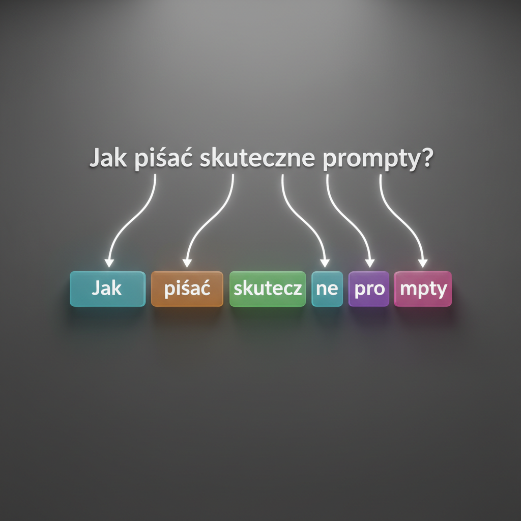 A sleek, 3D infographic on a clean, dark gray background. At the top, a simple sentence in Polish 'Jak pisać skuteczne prompty?' is shown in a clean, sans-serif font. Below the sentence, it is visually broken down into distinct, colorful, semi-translucent blocks, each representing a token. For example, 'Jak' is one block, 'pisać' is another, but 'skuteczne' is broken into two blocks: 'skutecz' and 'ne', and 'prompty' into 'pro' and 'mpty'. Arrows point from the text to the blocks, clearly illustrating the tokenization process. Studio lighting, sharp focus, hyper-realistic rendering, creating a clear and educational visual.