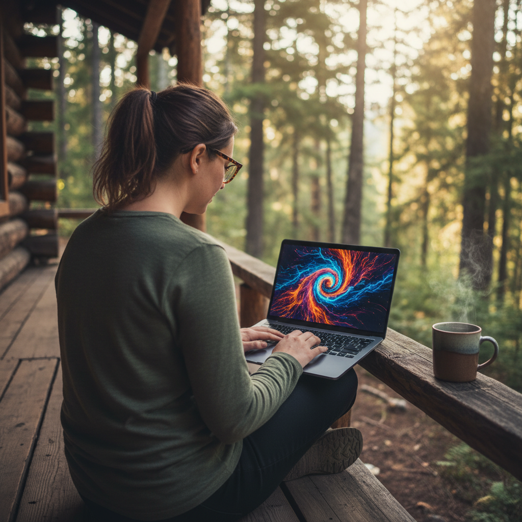 A 28-year-old female graphic designer with glasses and her hair in a casual ponytail, sitting on the wooden porch of a rustic cabin deep in a forest. She's focused on her open laptop, a sleek dark gray model, which displays a vibrant, complex piece of AI-generated art being created in real-time. The background is the serene, out-of-focus forest scenery with tall pine trees and soft afternoon light filtering through them. There's a ceramic mug with steam rising from it on the porch railing next to her. The shot is a candid, over-the-shoulder perspective, emphasizing the creative process happening offline, in nature. Shot with a Canon EOS R5, 50mm lens, f/1.8, with a modern filter that brings out natural colors and adds a slight cinematic warmth.