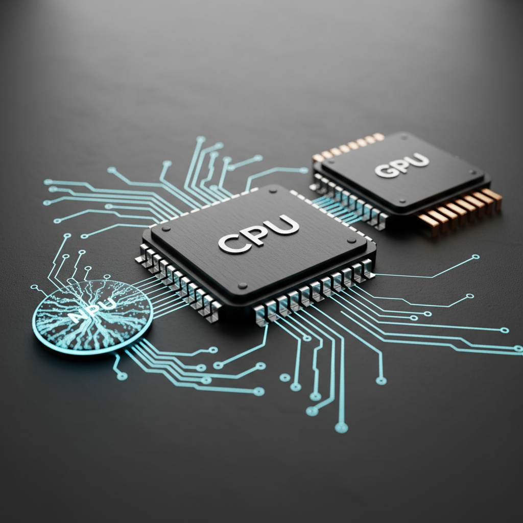 Ultra-realistic 3D render of three distinct, interconnected microchips on a dark, stylized motherboard circuit. The first chip, labeled 'CPU', is a large, square processor. The second, labeled 'GPU', has a more complex design with visible cooling fins. The third chip, labeled 'NPU', is smaller and emits a soft, blue neural network-like glow that connects to the other two. The chips are made of realistic materials like silicon, copper, and matte black coating. Rendered with Octane Render, using global illumination for soft shadows and realistic reflections. The background is a clean, dark gray. The entire image has a shallow depth of field, focusing on the NPU.