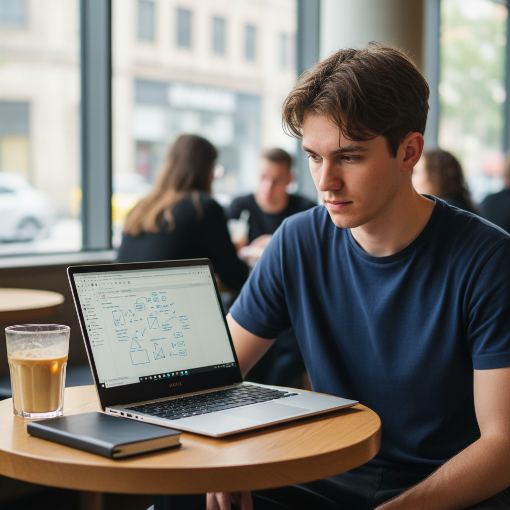 A 22-year-old male student with natural skin texture and slightly messy brown hair, sitting at a small wooden table in a bright, modern coffee shop. He is looking at the screen of a Surface Laptop 7 in Platinum finish, which is open on the table. The screen displays a Microsoft OneNote interface with visible handwritten notes and diagrams. Next to the laptop is a half-full glass of iced latte with condensation on it and a black Moleskine notebook. The student is wearing a simple navy blue t-shirt. Shot with a Fujifilm X-T5, 35mm lens, f/2.0, using a modern filter with crisp details and natural color saturation. The background shows a softly blurred coffee shop environment with other patrons, creating a sense of authentic, everyday use.