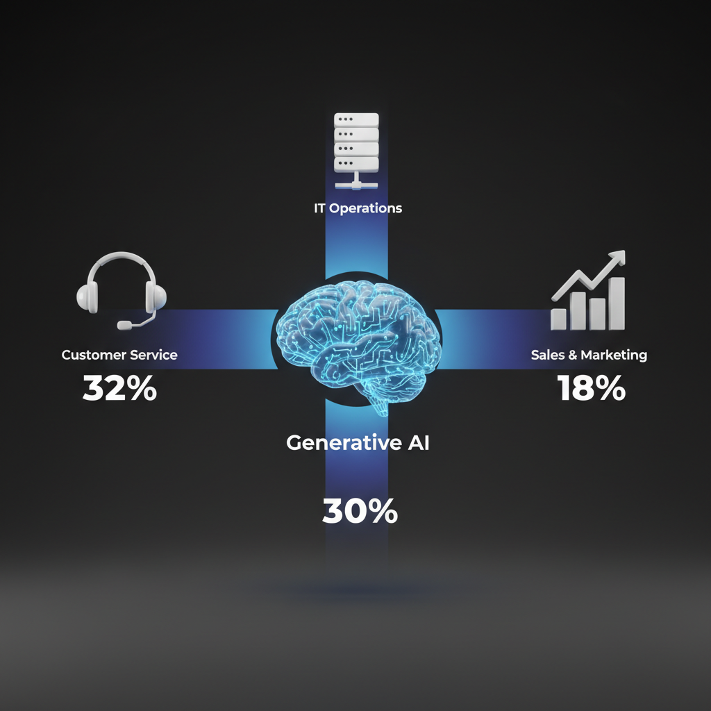 Ultra-realistic 3D infographic showing three main sectors affected by AI. In the center, a large, glowing 3D icon of a brain with circuit patterns, labeled 'Generative AI'. From it, three distinct beams of light point to three smaller, detailed 3D icons: a headset icon for 'Customer Service' with a '32%' label, a server rack icon for 'IT Operations' with '30%', and a bar chart icon for 'Sales & Marketing' with '18%'. The icons are made of glossy, white plastic and float against a clean, dark gray background. Rendered with Octane Render, studio lighting, photorealistic materials, 4K resolution.