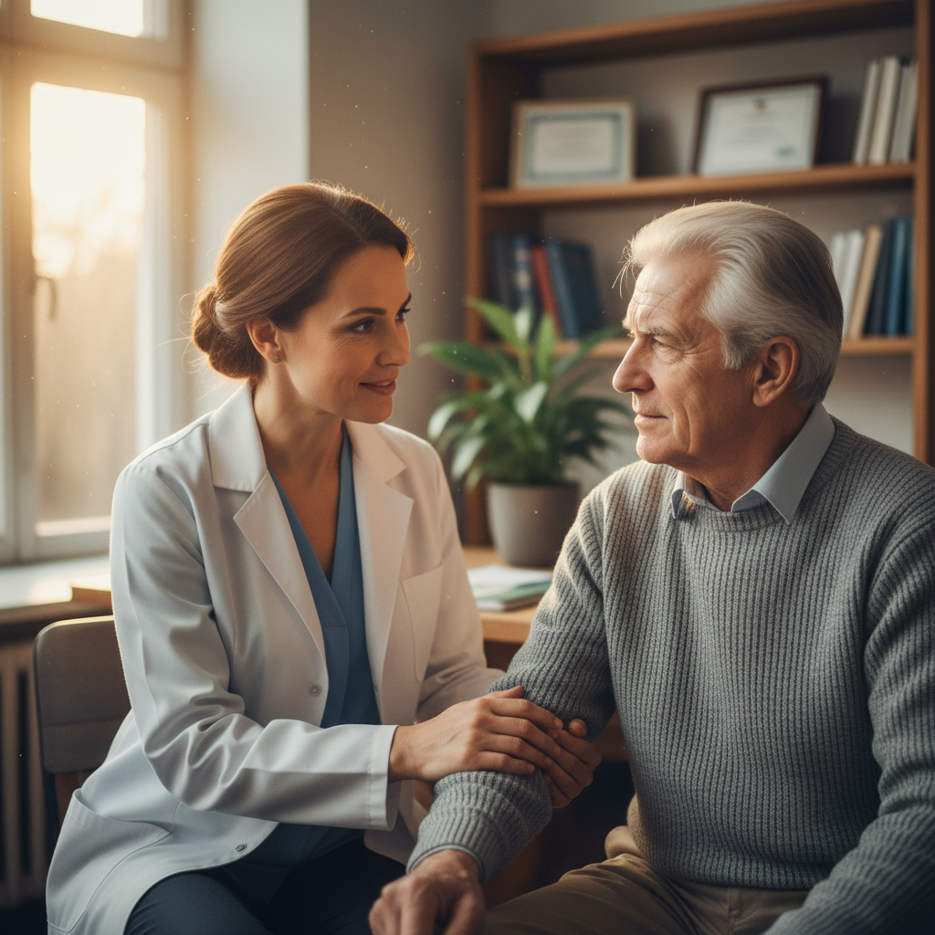 A hyperrealistic, candid shot of a female doctor in her late 40s, with gentle smile lines around her eyes, leaning forward and placing a reassuring hand on the arm of an elderly male patient. The doctor is wearing a white coat over a simple blue blouse. The patient looks concerned but comforted. The photo captures the warmth and trust of the interaction. Shot with a Sony A7R IV with a 85mm f/1.4 lens, creating a soft, blurred background of a cozy, well-lit doctor's office. The lighting is natural, coming from a large window on the left. Film grain filter applied for authenticity and warmth.