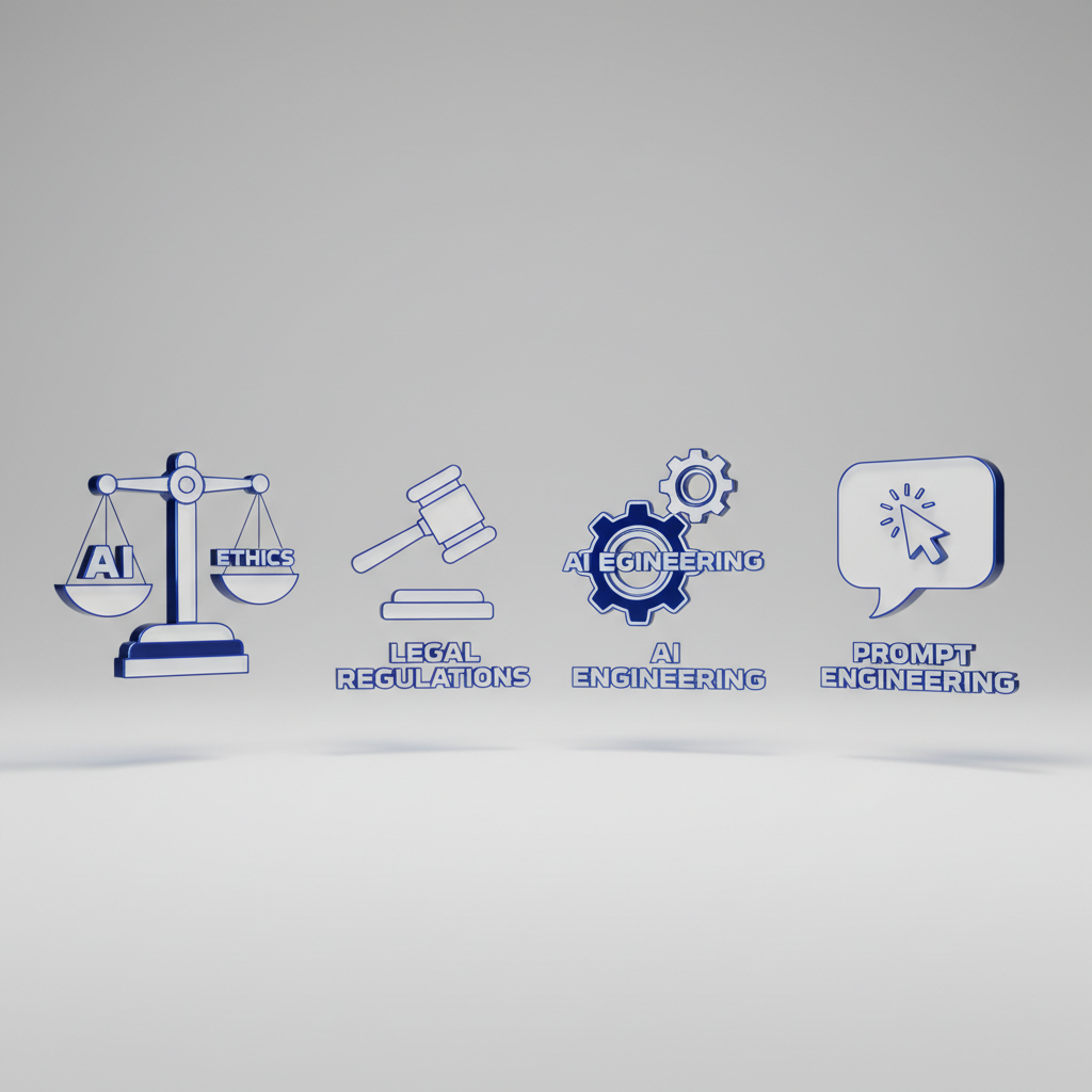 Ultra-realistic 3D render of four distinct, floating icons against a clean, light-gray background. First icon is a balanced scale for 'AI Ethics'. Second is a gavel for 'Legal Regulations'. Third is a set of interconnected gears for 'AI Engineering'. Fourth is a speech bubble with a cursor inside for 'Prompt Engineering'. All icons are made of a glossy white and blue material, reflecting soft studio lights. Rendered with Octane Render, global illumination, 4K, photorealistic style with a slight drop shadow for depth.