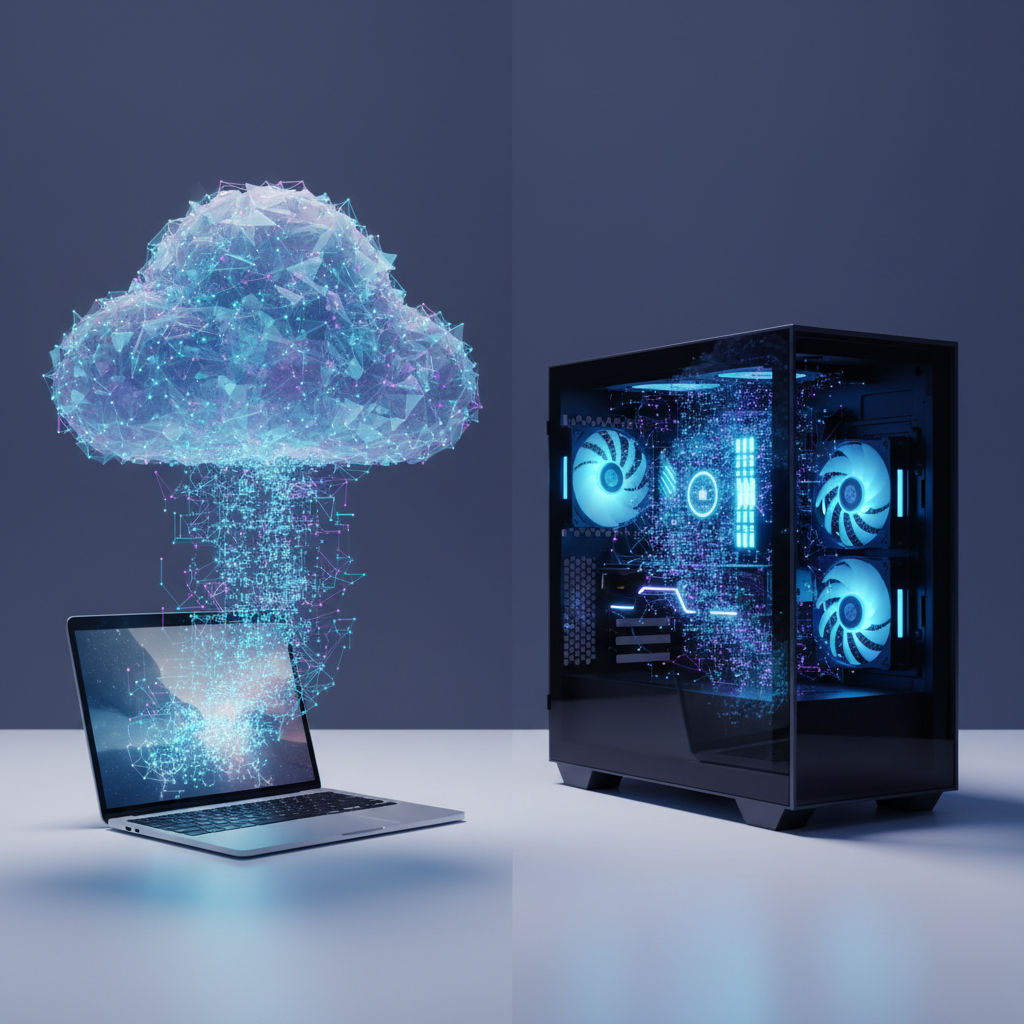 A visually striking, metaphorical 3D render with a split composition. On the left, a sleek, thin laptop (similar to a MacBook Air) sits on a clean white surface, with a glowing, ethereal data stream flowing from its screen up into a vast, abstract digital cloud. On the right, a powerful, robust desktop computer with a transparent side panel reveals a glowing GPU and complex circuitry; here, the data streams are swirling intensely *inside* the machine, contained within its chassis. The image uses a modern, high-tech aesthetic with a blue and purple color palette, rendered with Octane Render for photorealistic quality and dramatic lighting.