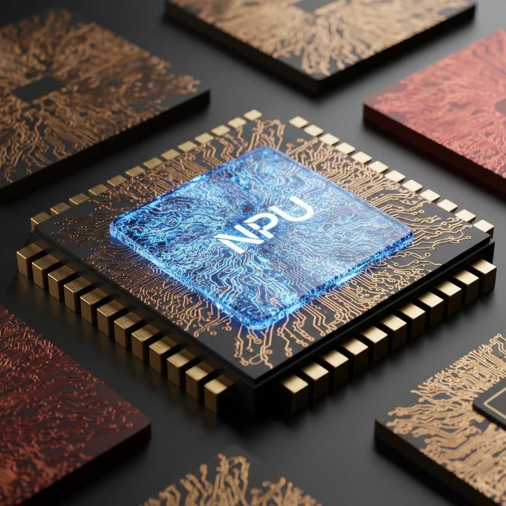 Ultra-realistic 3D render of a modern CPU die in an extreme close-up. The shot is angled to show the intricate, glowing circuits. A specific section of the die, representing the NPU (Neural Processing Unit), is highlighted with a pulsating, electric blue light, making it visually distinct from the rest of the gold and copper circuitry of the CPU cores. The background is a clean, dark, slightly reflective surface. Rendered with Octane Render, showcasing photorealistic materials, subsurface scattering on the silicon, and dramatic, high-contrast lighting to emphasize the 'brain' of the AI operations.