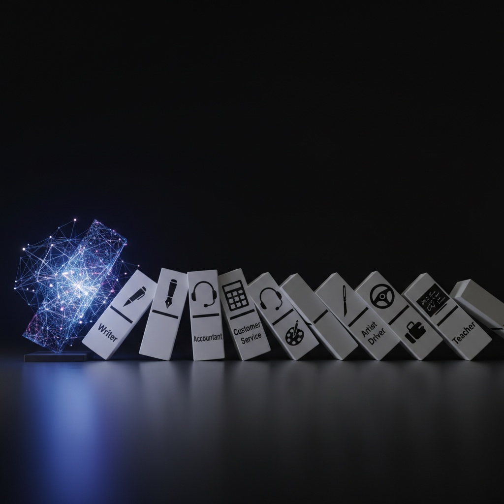 A row of dominoes caught in mid-fall. The first domino, a glowing, abstract representation of AI, has just been tipped over. The subsequent dominoes, each marked with a simple, clear icon representing a threatened profession (e.g., a pen for a writer, a calculator for an accountant, a headset for customer service), are beginning to topple in a chain reaction. Minimalist style, dramatic lighting, shallow depth of field focusing on the falling dominoes.