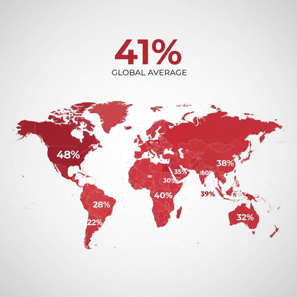 An elegant, clean infographic showing a stylized world map. Different countries and regions are highlighted in varying shades of red to represent the percentage of employers planning AI-driven job cuts. The USA is a deep red with a label '48%'. The global average '41%' is displayed prominently at the top. The style is minimalist and data-focused, no text other than percentages.