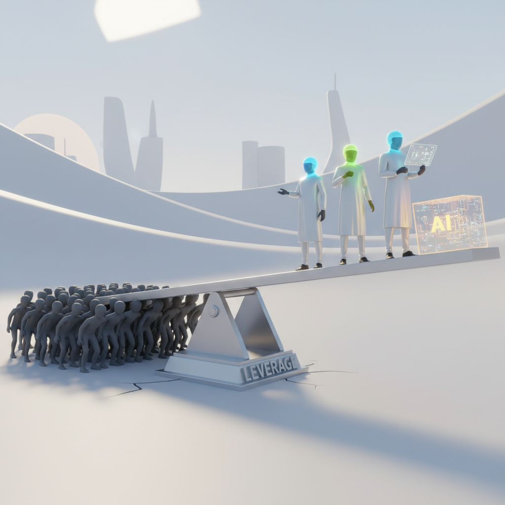 A metaphorical image of a giant seesaw. On the low end, a massive crowd of 350 indistinct, gray figures are struggling to lift their side. On the high end, three bright, distinct figures stand effortlessly, next to a single, glowing AI cube that acts as a powerful counterweight. The scene demonstrates the immense leverage AI provides. Stylized, clean, 3D render.