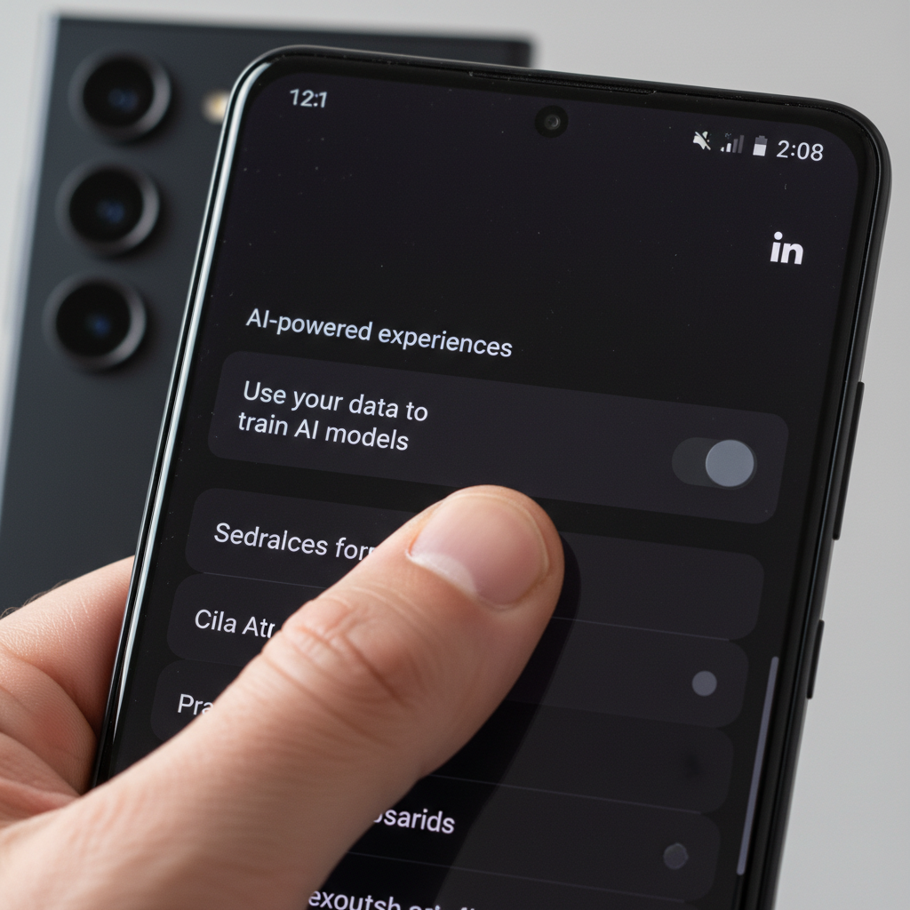 Hyperrealistic photo showing a person's thumb about to tap the screen of a Samsung Galaxy S23 Ultra in Phantom Black. The screen displays the LinkedIn app's 'Data Privacy' settings page. The specific setting 'Use your data to train AI models' is clearly visible with a toggle switch set to the 'No' position, which is colored grey. The surrounding UI elements, like the section title 'AI-powered experiences' and other settings options, are slightly blurred to focus attention on the toggle. The shot is a close-up, captured with a Canon EOS R5 with a 100mm macro lens, f/2.8, under modern, clean studio lighting. The user's hand is natural, with visible skin texture.