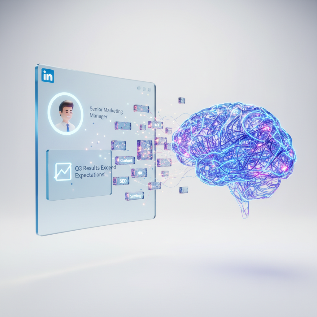 A hyperrealistic 3D render showing a translucent LinkedIn profile page floating in the air. Different elements of the profile—like the profile picture, job title 'Senior Marketing Manager', a post about 'Q3 results', and skills like 'SEO' and 'Content Strategy'—are peeling off the page as distinct, glowing blocks of data. These blocks are being drawn into a stylized, abstract representation of a neural network brain. The background is a clean, minimalist white gradient. Rendered with Octane Render, global illumination, showcasing photorealistic materials on the data blocks.