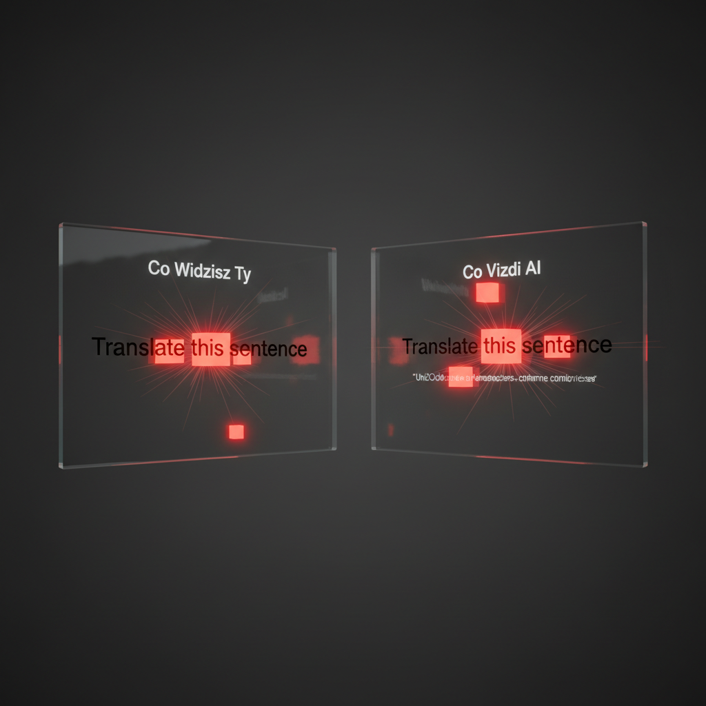 Ultra-realistic 3D render illustrating ASCII Smuggling. Two semi-transparent glass panels float against a dark, minimalistic background. The left panel, labeled 'Co Widzisz Ty' in clean white font, shows the black text 'Translate this sentence'. The right panel, labeled 'Co Widzi AI', shows the same text, but between the letters, there are glowing red 3D blocks representing invisible Unicode characters. These red blocks are connected by faint lines of light, forming a hidden secondary command below. The render uses Octane Render for photorealistic glass reflections and emissive lighting from the red elements, creating a high-tech, cautionary visual.