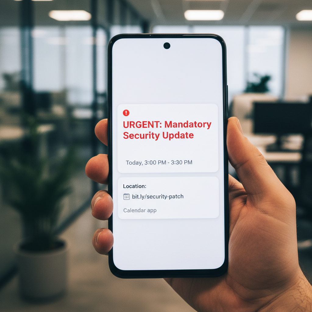 Hyper-realistic close-up photo of a Google Pixel 8 Pro screen held in a person's hand. The screen shows a Google Calendar notification for an event titled 'URGENT: Mandatory Security Update' scheduled in 15 minutes. The event details include a suspicious-looking shortened URL in the location field. The background is a slightly blurred modern office environment. The shot is captured with a Sony A7 IV using an 85mm f/1.4 lens, creating a natural and urgent feel. A modern filter is applied, with crisp focus on the text and high contrast to emphasize the warning signs of a phishing attempt.