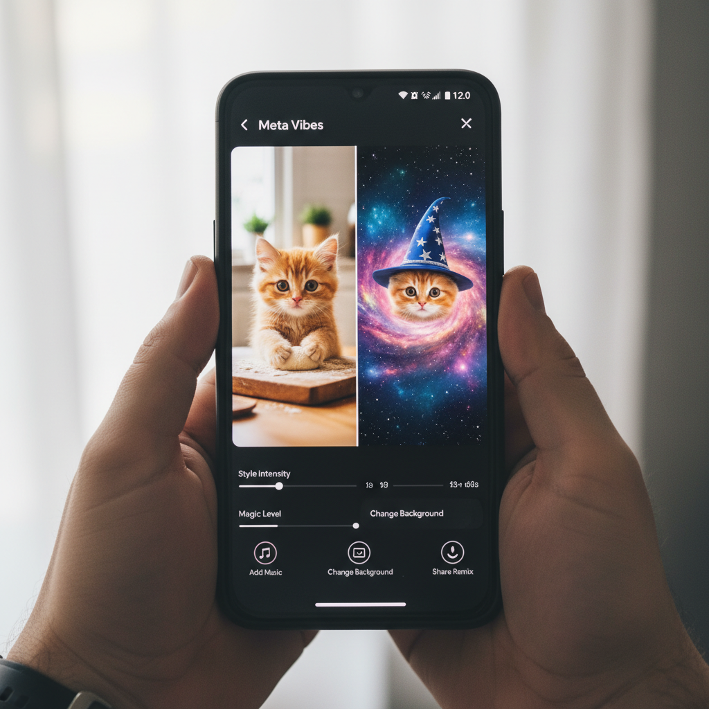 Hyperrealistic photo of a Google Pixel 8 Pro in Obsidian held by a person's hands. The screen displays the 'Meta Vibes' app's remix interface. The screen is split vertically. On the left, an original AI-generated video of a 'fluffy kitten kneading dough'. On the right, the remixed version where the same kitten now wears a tiny, blue wizard hat, and the kitchen background is replaced with a swirling cosmic nebula. Below the split-screen, UI elements like sliders for 'Style Intensity' and buttons 'Add Music' and 'Change Background' are clearly visible. The lighting is soft, coming from an unseen window, creating realistic reflections on the screen. Shot with a Fujifilm X-T5, 35mm lens, f/2.0, modern filter with crisp details and true-to-life colors.