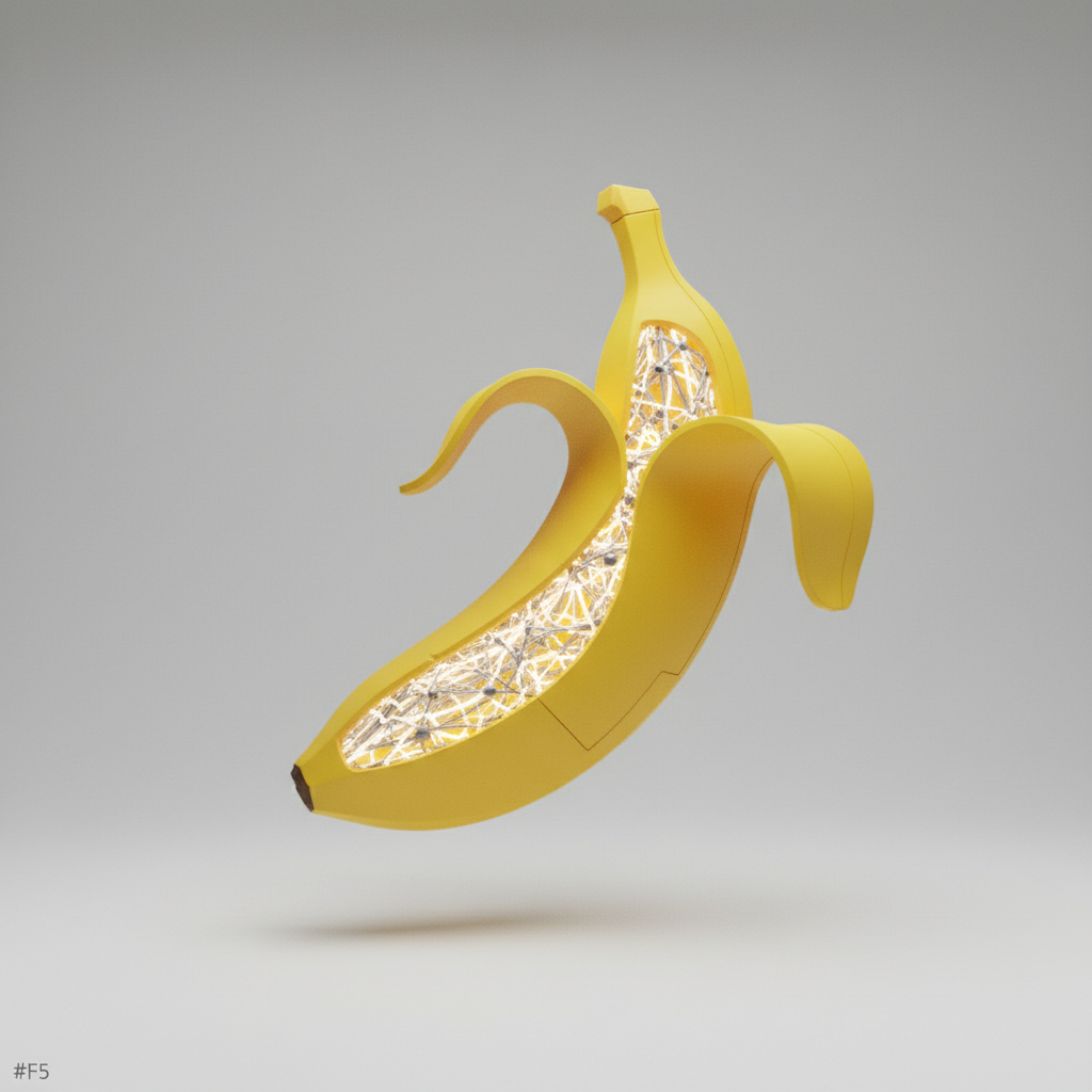 Ultra-realistic 3D render of the Nano Banana concept icon. A sleek, stylized banana made of a matte, canary yellow, futuristic polymer material. The banana is peeling slightly, revealing a glowing, intricate neural network pattern inside, emitting a soft white light. The icon floats against a clean, light gray background (#F5F5F5). Rendered with Octane Render, using global illumination to create soft, realistic shadows beneath the floating icon. The composition is a centered close-up, highlighting the texture of the polymer and the detail of the glowing interior.