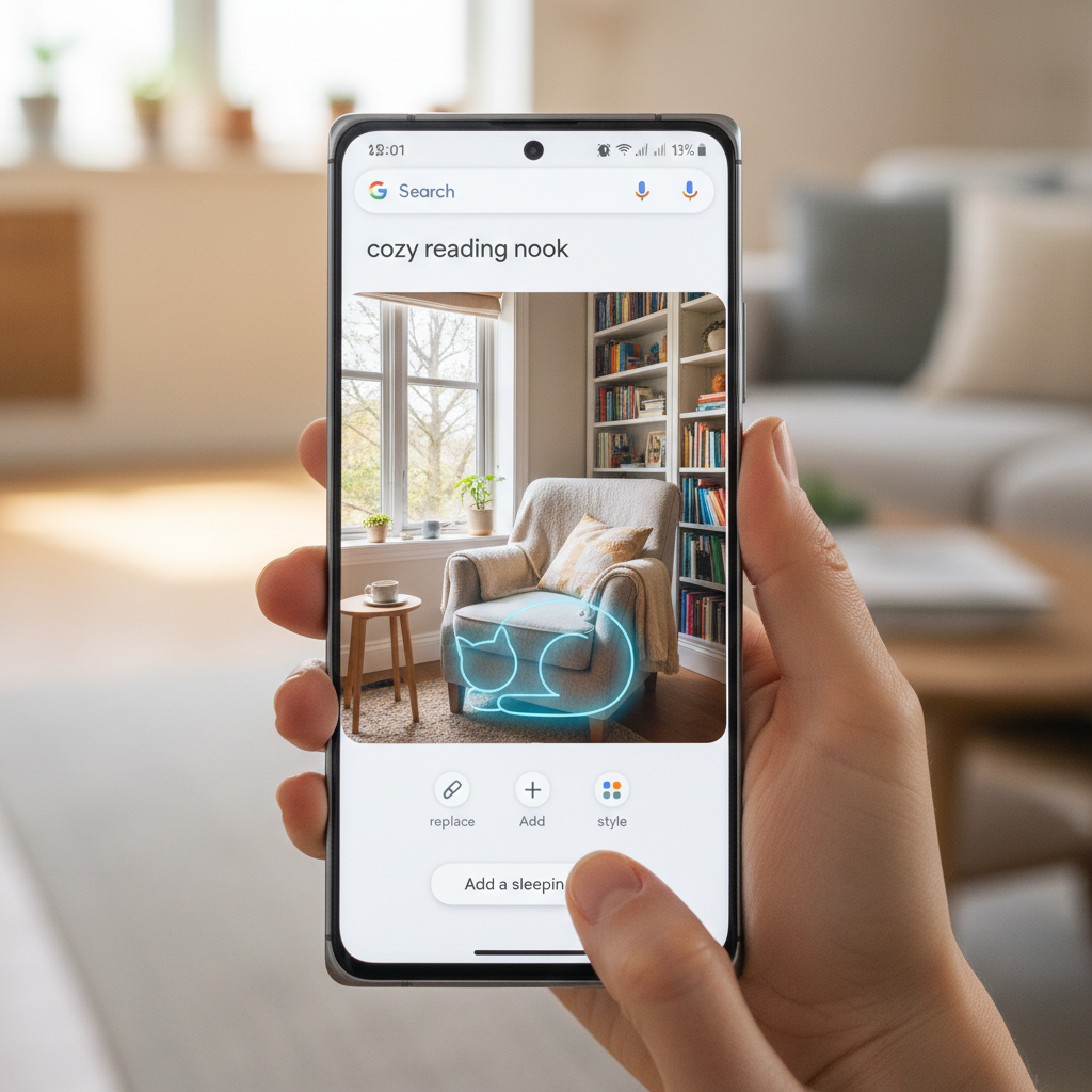Hyper-realistic photo of a Samsung Galaxy S24 Ultra in Titanium Gray, held by a woman's hands with natural skin texture. The screen displays the Google Search results for 'cozy reading nook,' with a specific image enlarged. A minimalistic 'Nano Banana' edit panel is visible at the bottom of the screen with icons for 'replace,' 'add,' and 'style.' The user's thumb is hovering over a button that says 'Add a sleeping cat.' A faint, glowing outline of a cat is starting to materialize on an armchair in the photo. The background is a softly blurred living room. Shot with a Fujifilm X-T5, 35mm lens, f/2.0, using a modern filter with crisp, bright colors.