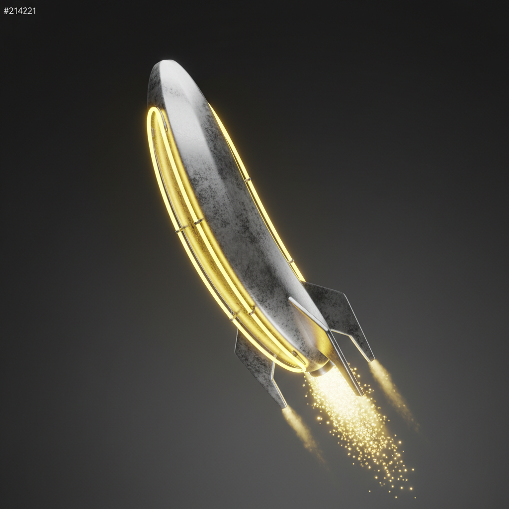Ultra-realistic 3D render of a stylized banana made from brushed chrome and glowing yellow neon elements, captured in mid-flight as if it's a rocket. It leaves a subtle trail of light particles behind it, emphasizing speed. The background is a clean, dark gray gradient (#212121 to #424242), creating a high-tech, premium feel. Rendered with Octane Render, 4K resolution, global illumination, showcasing extreme detail on the metallic texture and the soft glow of the neon.