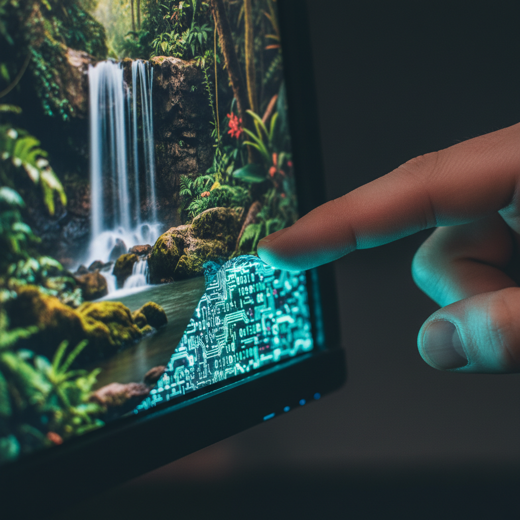 Extreme close-up, hyper-realistic photo of a high-resolution digital image displayed on a glossy monitor screen. A person's finger is touching the corner of the screen, and at the point of contact, the image seems to peel back slightly, revealing a complex, glowing pattern of subtle blue and green binary code and circuit lines underneath. This represents the invisible SynthID watermark embedded within the pixels. The lighting is dramatic, with the glow from the exposed code illuminating the fingertip. Shot with a Canon EOS R5 with a 100mm macro lens, f/2.8, modern filter with high contrast and sharp focus on the peeling corner and the code.