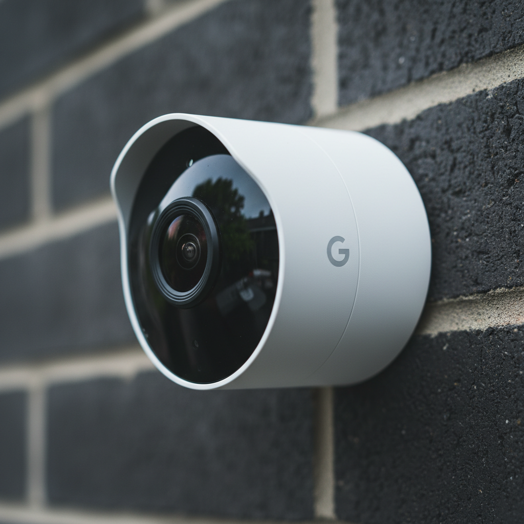 Extreme close-up, hyperrealistic shot of the new outdoor Nest Cam in 'Snow' white color, mounted on a textured dark gray brick wall. The camera lens is in sharp focus, capturing a crisp reflection of a green backyard with visible details, subtly hinting at its 2K HDR capability. The minimalist Google 'G' logo is cleanly visible on the device's housing. The shot is taken with a Fujifilm X-T5 with a 90mm macro lens at f/2.8, creating a shallow depth of field. The lighting is bright, overcast daylight, creating soft shadows and highlighting the matte texture of the camera. Modern filter applied for enhanced clarity and a slightly cool color tone.