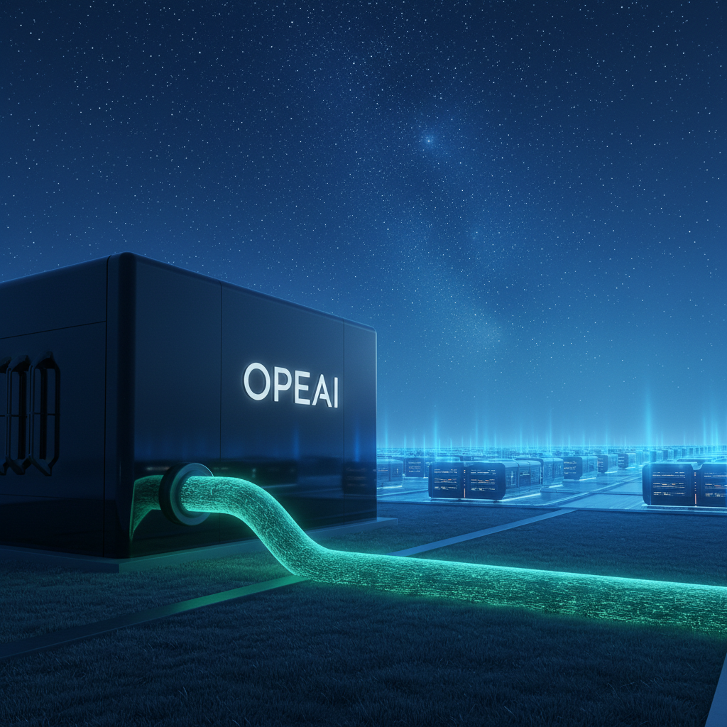 Hyper-realistic photo depicting a futuristic, sprawling data center complex at dusk. In the foreground, a single, massive, glowing green power cable, thick as a tree trunk, snakes across the ground and connects to the main building. The building itself is sleek, black, and minimalist, with the OpenAI logo subtly illuminated on its facade. In the background, the sky is filled with stars, and the entire complex emits a powerful, yet clean, energy aura. Shot with a Sony A7R IV, 24mm lens, f/2.8, modern filter with a cool, cinematic blue tone and high clarity, capturing the immense scale and technological advancement.