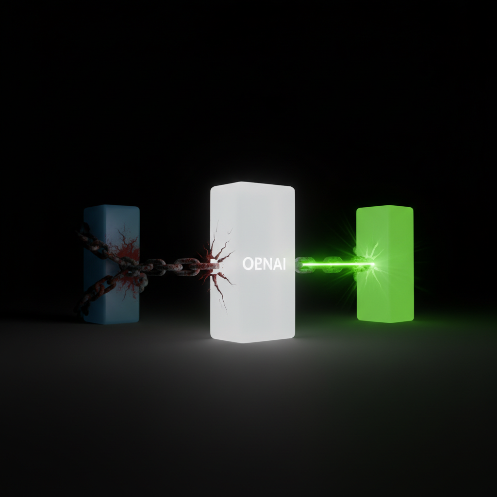 A hyper-realistic photo visualizing corporate strategy. In the center, a translucent white monolith with the OpenAI logo glowing from within. To the left, a slightly larger, solid blue monolith (representing Microsoft) is connected to the OpenAI monolith by several thick, heavy iron chains. To the right, a sleek, glowing green monolith (Nvidia) forms a new connection to the OpenAI monolith made of pure, bright light. Where the light-based connection touches the iron chains, they begin to crack and show signs of rust and decay. The scene is set in a minimalist, dark void, focusing all attention on the three objects. Shot with Canon EOS R5, 100mm macro lens, f/4, modern filter with high contrast and dramatic lighting, emphasizing the textures of the iron, glass, and light.
