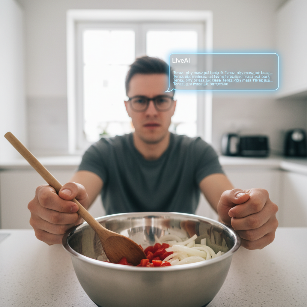 Hyper-realistic photo from the first-person perspective of someone wearing Meta AI glasses. The person's hands are visible at the bottom of the frame, holding a wooden spoon over a stainless steel mixing bowl with some chopped tomatoes and onions. The view is slightly blurry, but a crisp, glowing user interface overlay is visible in the top right corner of the vision. The UI shows a chat bubble from 'LiveAI' with the looping text: 'Teraz, gdy masz już bazę...'. The person's posture suggests confusion and frustration. The scene is set in a modern kitchen with bright, natural lighting. Shot with a Sony A7S III, 24mm lens, f/2.0, modern filter with high clarity and natural colors, capturing an authentic, frustrating moment of tech failure.