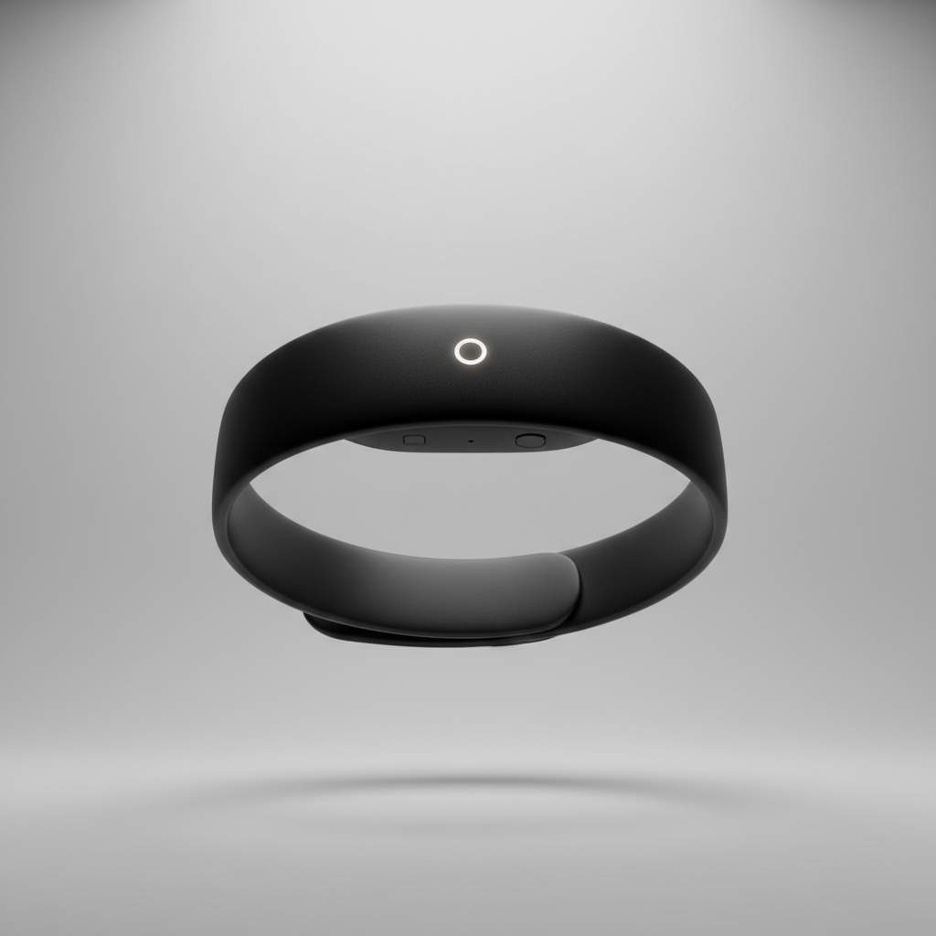 Ultra-realistic 3D render of the Meta Neural Band in a dynamic, floating pose. The band is made of a sleek, matte black silicone material, shown in extreme close-up to highlight its seamless texture. A single, soft white LED indicator glows subtly on its surface. The background is a minimalist, light gray gradient, creating a high-tech, premium product feel. The band casts a soft, realistic shadow below it. Rendered with Octane Render using global illumination, 4K resolution, photorealistic materials, and a studio lighting setup to emphasize its futuristic and minimalist design.