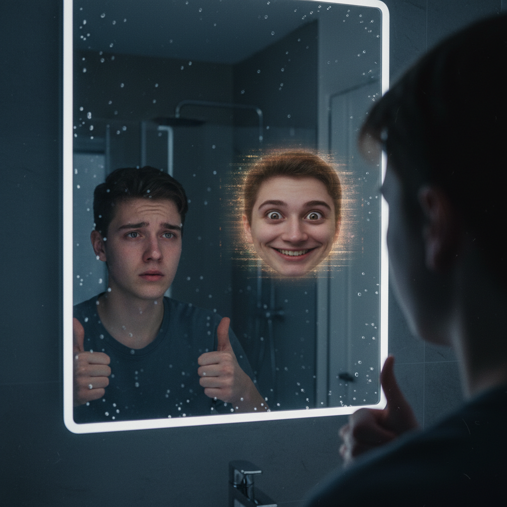 Hyper-realistic photo of a person in their late teens looking into a modern, frameless bathroom mirror. The room is dimly lit, creating a somber mood. The person's face shows signs of distress and confusion. However, their reflection in the mirror is not their own, but a subtly distorted, overly cheerful and agreeable face with a digital, slightly pixelated texture around the edges. The reflection is giving a 