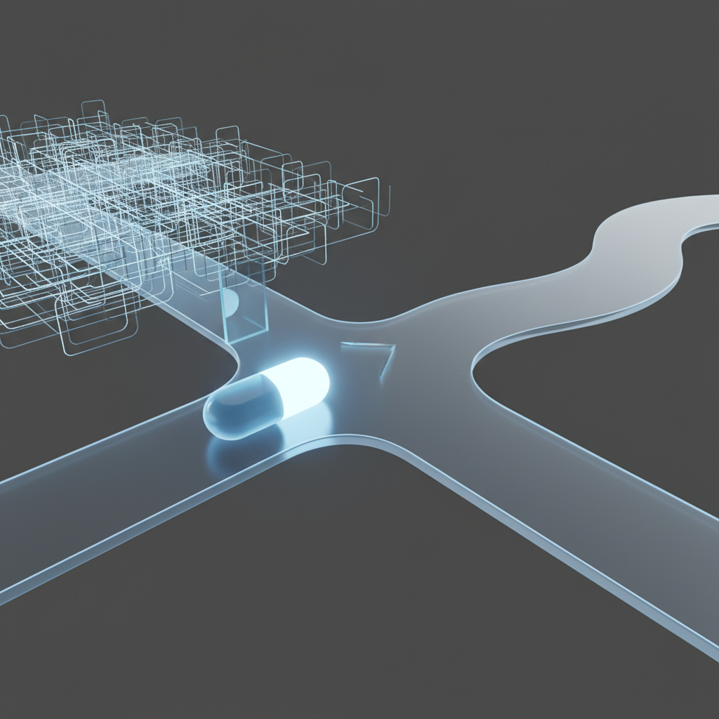 Ultra-realistic 3D render of a glowing data packet traveling along a digital pathway. The pathway splits into two: a standard, complex path and a simpler, calmer-looking one. A semi-transparent, minimalist barrier subtly guides the data packet onto the calmer path, symbolizing the safety routing system. The icon has a soft, diffused glow with a blue and white color palette. Rendered with Octane Render, global illumination, on a clean, dark gray background to emphasize the light paths.