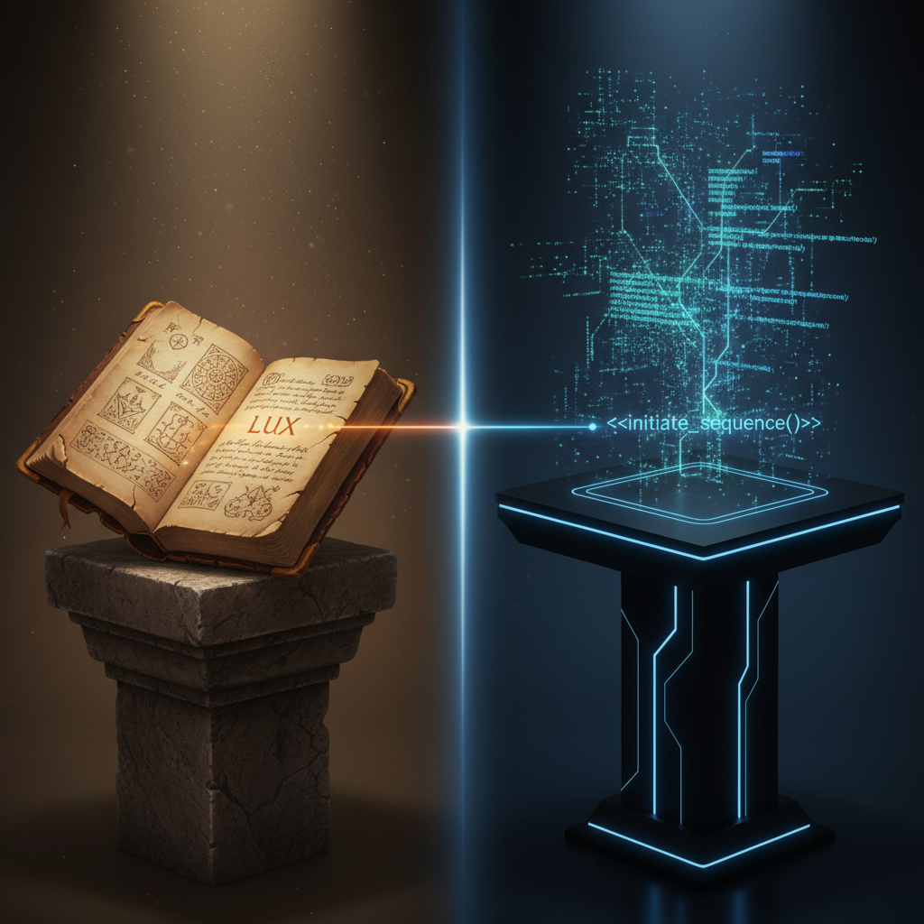 A split-image concept. On the left, a dusty, ancient leather-bound book (a codex) is open, with handwritten script visible. On the right, a sleek, holographic projection of shimmering code floats above a futuristic surface. A subtle, glowing line connects a word from the book to a function in the code, symbolizing the evolution of knowledge transfer. No text on the image. Metaphorical, digital art style.