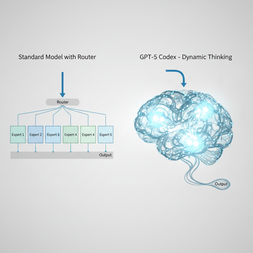 A clean, minimalist diagram comparing two AI architectures. Left side, labeled 'Standard Model with Router': a single input path splits into multiple rigid, smaller boxes (experts). Right side, labeled 'GPT-5 Codex - Dynamic Thinking': a single input path leads to a large, fluid, brain-like orb of interconnected nodes that can glow brighter and expand, showing resources being focused. No text other than labels. Metaphorical, schematic style.