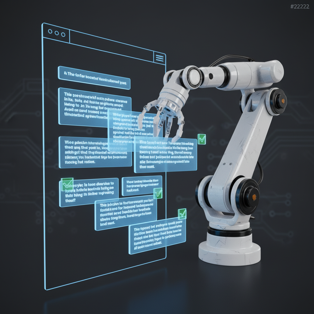 Ultra-realistic 3D render of a single webpage being deconstructed into neatly organized, glowing blue blocks by a precise, white robotic arm. The scene is in extreme close-up. Each block of text floats in mid-air, and some have a small, green checkmark icon projected onto them, symbolizing successful verification. The background is a clean, dark gray (#222222), creating a high-contrast, technological feel. The lighting is focused on the blocks, making them appear as the central element. Rendered with Octane Render, 4K resolution, with a focus on photorealistic textures on the robotic arm and the glowing effect of the content blocks.