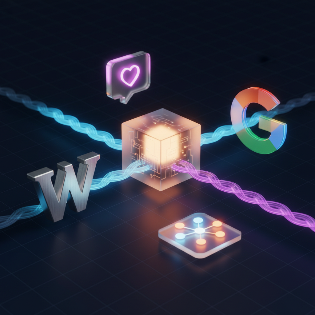 Ultra-realistic 3D render of a central, glowing cube representing a brand's core entity. From this cube, solid, illuminated data streams connect to other floating, glossy 3D icons. The icons are easily recognizable: the Wikipedia 'W', the Google 'G', the Wikidata logo, and a generic social media icon (like a speech bubble). The entire structure floats against a dark, deep-blue background with a subtle grid pattern, giving it a high-tech, digital feel. The lighting is dramatic, originating from the central cube, casting soft shadows on the surrounding icons. Rendered with Octane Render, 4K resolution, using photorealistic materials with a focus on glass, light emission, and brushed metal textures.