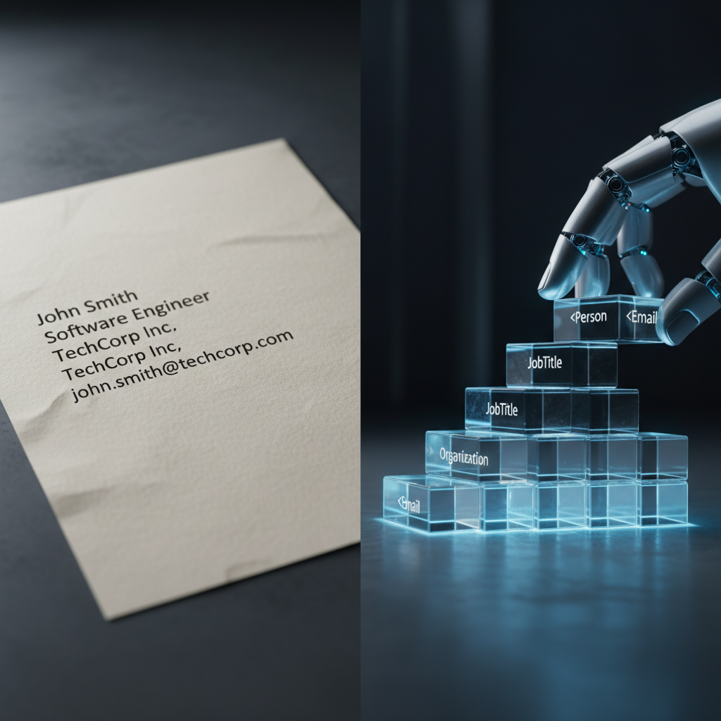 Hyper-realistic shot showing a piece of paper with plain black text on the left side of the frame. On the right, the same text is transformed into a 3D structure made of glowing, interconnected glass blocks. Each block is clearly labeled with a white, sans-serif font, showing tags like <Person>, <JobTitle>, <Organization>. A sleek, metallic robotic hand is shown carefully placing the final block labeled <Email> into the structure. The background is a dark, minimalist environment, lit with a soft blue light, emphasizing the technical and precise nature of the task. Shot with a Canon EOS R5 with a 100mm macro lens, f/4, modern filter with crisp details and a cool color palette.