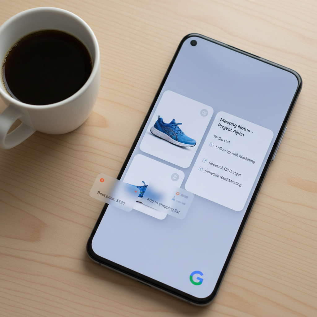 A hyper-realistic screenshot mock-up of the 'Mind Space' feature on a OnePlus 15 screen. The interface shows a collection of notes as dynamic cards: one with a screenshot of a pair of sneakers, with AI-generated bubbles next to it saying 'Best price: $120' and 'Add to shopping list'. Another card shows a meeting note with an automatically generated 'To-Do' list with checkboxes. The design is clean, minimalist, with the Google Gemini logo subtly integrated in the bottom right corner. The phone is placed on a light wooden table next to a cup of black coffee. Shot from a top-down perspective, photorealistic render with soft shadows and studio lighting.