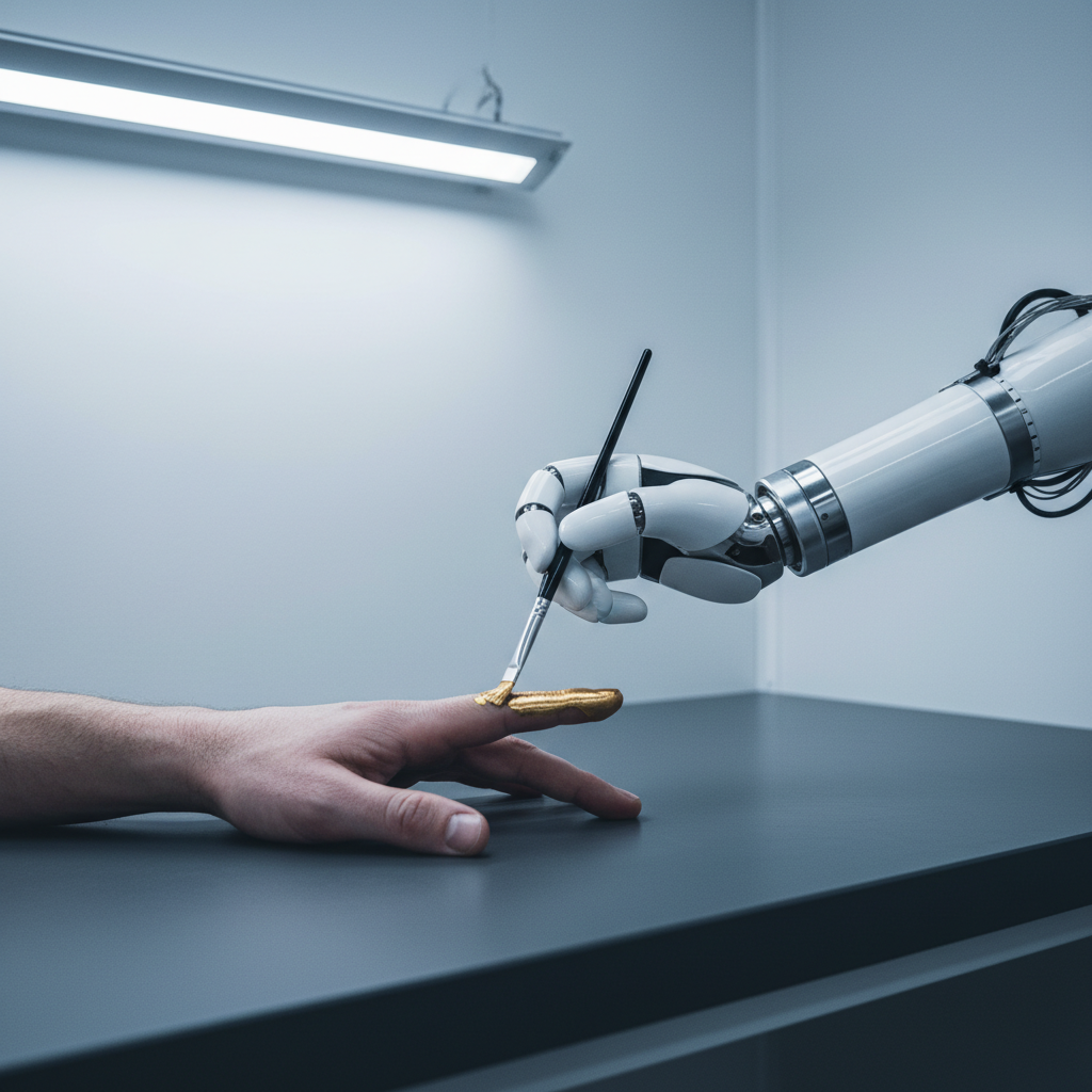 Hyper-realistic photo. A sterile, minimalist workshop with clean, white walls and cold, blue-toned lighting. In the center, a human hand rests on a dark gray surface. The hand shows realistic skin texture, pores, and veins. A sleek, white robotic arm, with visible joints and wiring, is delicately applying a layer of liquid gold paint to one of the fingers with a tiny brush. The reflection of the cold workshop lights is visible on the robot's metallic surface. Shot with a Hasselblad X1D II, 120mm macro lens, f/4, modern filter with high contrast and desaturated colors except for the vibrant gold. The mood is unsettling, questioning the nature of 'improvement'.