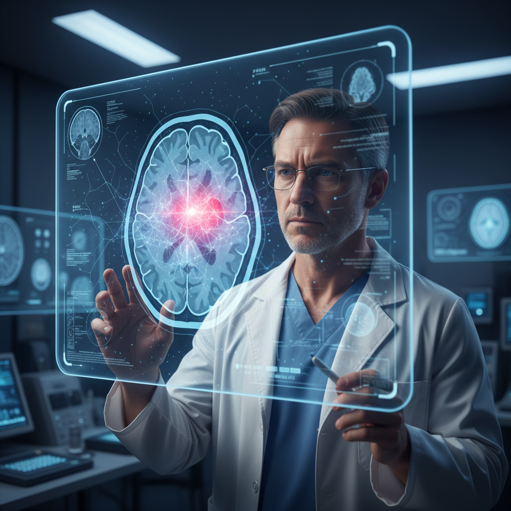A doctor looking intently at a complex brain MRI scan on a futuristic, transparent screen. A subtle, glowing neural network, representing the AI, is overlaid on the scan, highlighting a tiny, hard-to-see anomaly that the human eye might miss. The atmosphere is serious and focused. No text. Cinematic, hyperrealistic style.