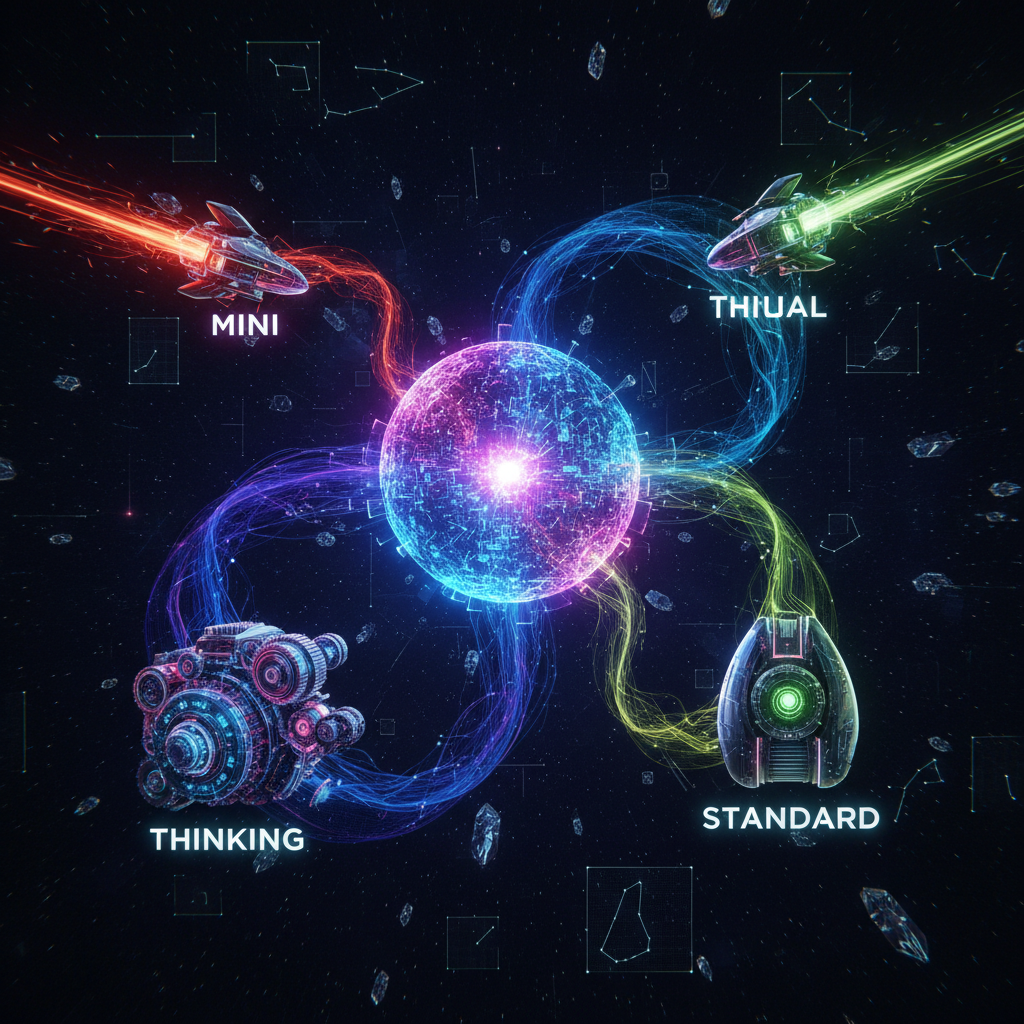 A central glowing orb (the 'router') in the middle of a futuristic space. It's directing streams of data towards three different, specialized machines. One machine is small and fast, labeled 'mini'. Another is a large, complex engine labeled 'thinking'. The third is a balanced, standard model. The streams of data are different colors, symbolizing different types of tasks. No text. Abstract, digital art.