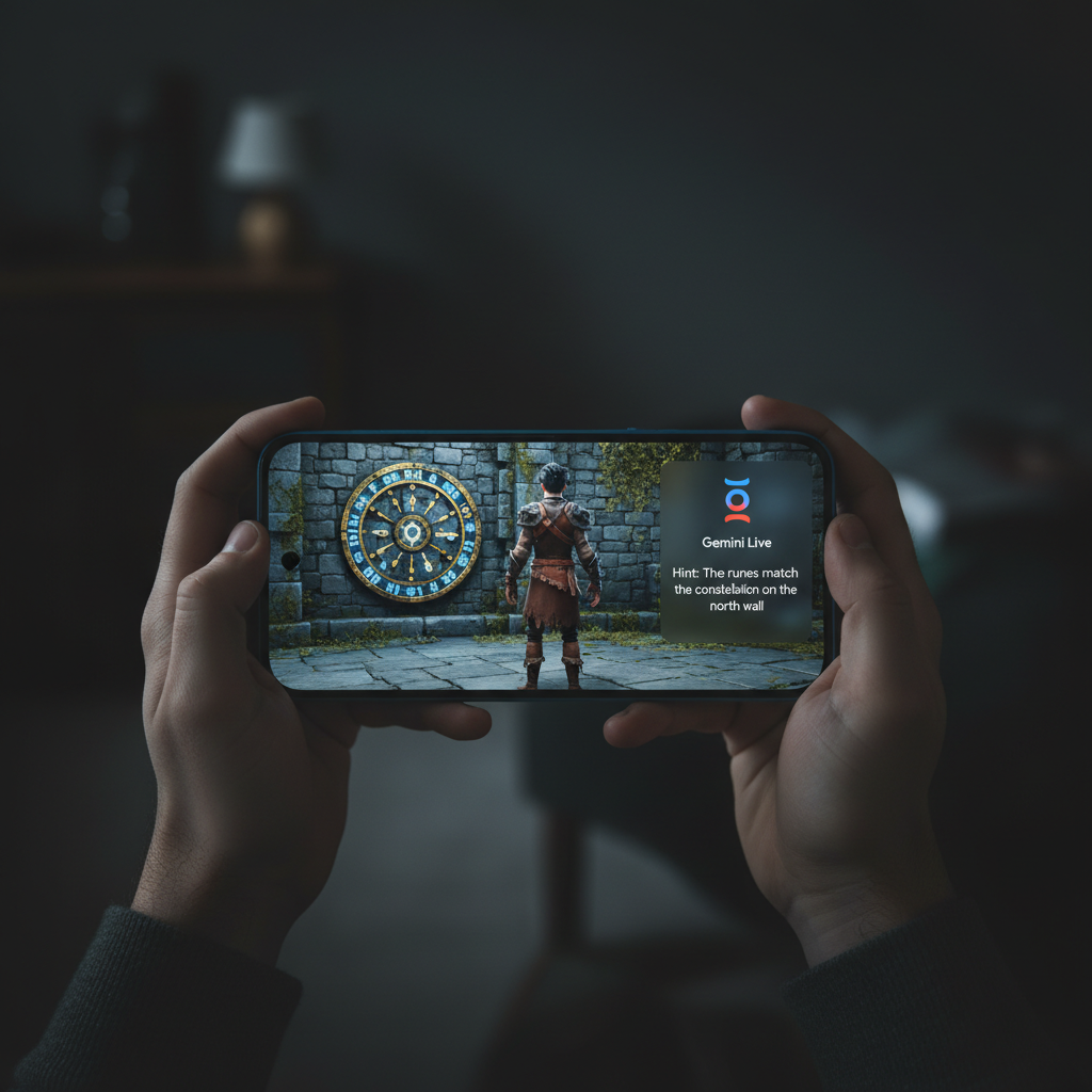 Hyperrealistic photo showing a close-up of a Samsung Galaxy S24 Ultra in Titanium Gray. The screen displays the new 'For You' tab in the Google Play Store. The interface is clean and modern, with distinct cards for 'Your Game Stats' showing a 95% completion rate in a popular game, 'Recommended for You' with icons of three apps, and a 'Continue Listening' section with a podcast art cover. A man's thumb is visible on the edge of the screen, about to scroll. The shot is taken with a Canon EOS R5 with a 100mm macro lens, f/2.8, creating a shallow depth of field with a blurred, cozy living room in the background. Modern filter with enhanced clarity and natural color tones.