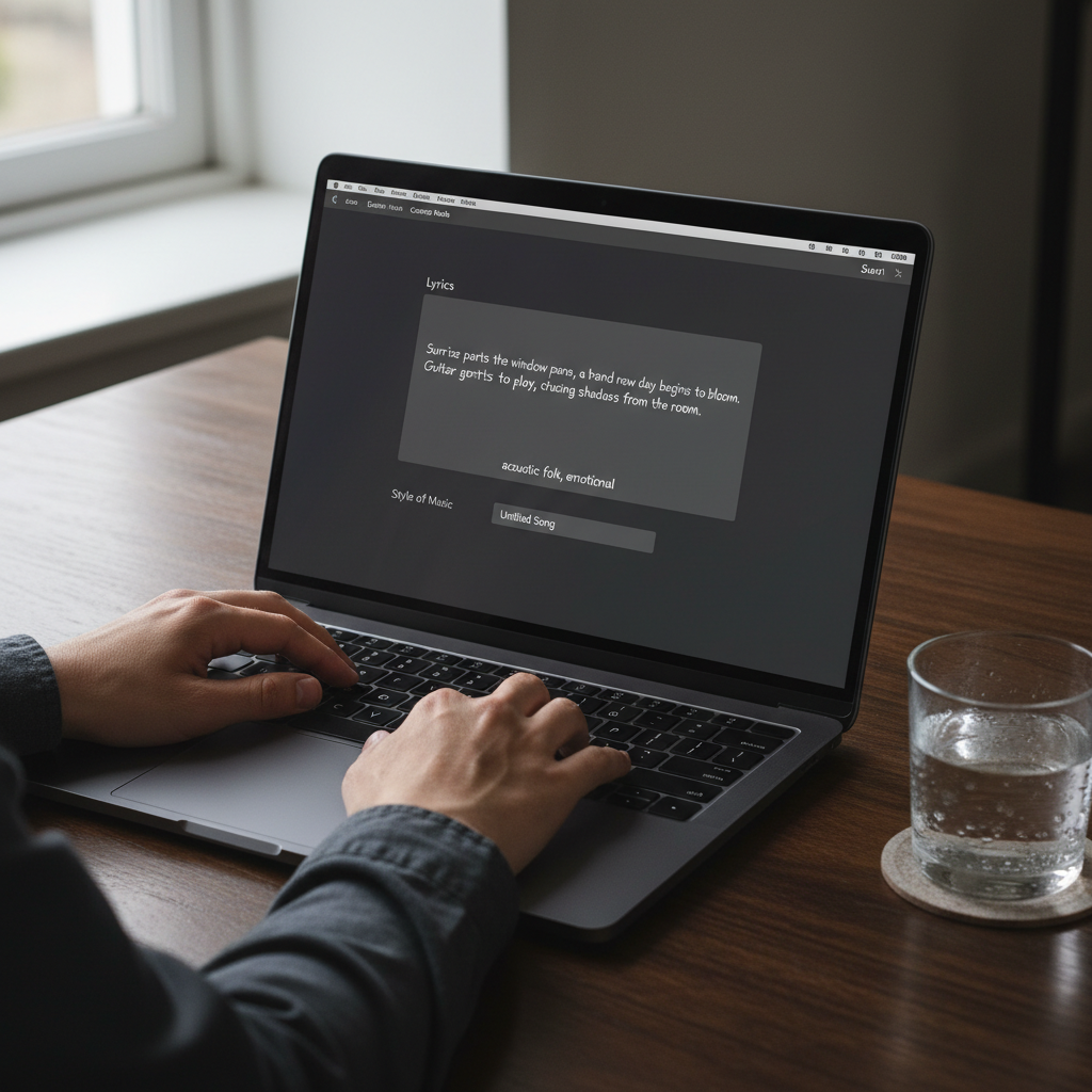 Hyperrealistic photo of a person's hands typing on a MacBook Pro M3 in Space Black. The screen displays the Suno AI 'Custom Mode' interface, perfectly in focus. Visible fields on the screen include a text area for 'Lyrics' with a few lines of handwritten-style text visible, a field for 'Style of Music' with the placeholder 'acoustic folk, emotional', and a 'Title' field. The laptop is placed on a dark wooden desk, next to a half-empty glass of water with condensation on it. Shot with a Canon EOS R5 with a 35mm f/1.4 lens, using a modern filter with natural colors and sharp details. The lighting is soft, coming from a window on the left, creating a realistic, focused work atmosphere.