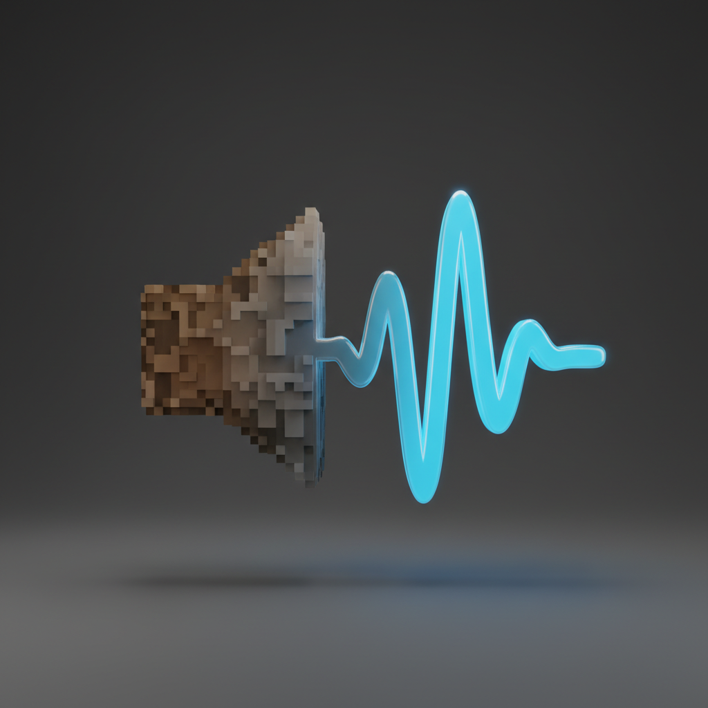 Ultra-realistic 3D render of a soundwave transitioning. The left side of the soundwave is blurry, pixelated, and colored with a muddy brown and gray gradient, representing low quality. The soundwave smoothly transitions to the right side, which is crisp, sharp, well-defined, and glowing with a vibrant electric blue color, representing high fidelity audio. The entire icon is floating against a clean, dark gray background. Rendered with Octane Render, 4K resolution, photorealistic materials, with a soft studio light from the top right creating subtle shadows and highlights on the wave's form.