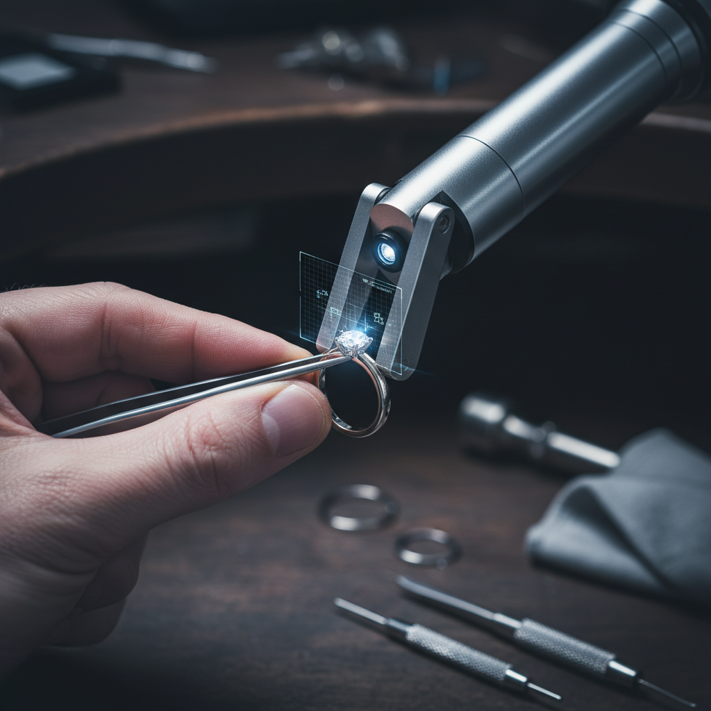 Extreme close-up photo of a jeweler's workbench. A human hand, showing natural skin texture and fingerprints, is using traditional tweezers to carefully set a small, brilliant-cut diamond into a platinum ring. Assisting is a sleek, minimalist robotic arm made of brushed chrome, which holds the ring perfectly steady. The robotic arm projects a faint, blue holographic grid onto the ring, indicating the optimal pressure and angle for setting the stone. The background is dark and softly blurred, with scattered tools like files and a polishing cloth visible. Shot with a Fujifilm GFX 100S with a 120mm macro lens, f/4, capturing incredible detail. Modern filter with sharp focus, high contrast, and a cool color temperature to emphasize the technology.