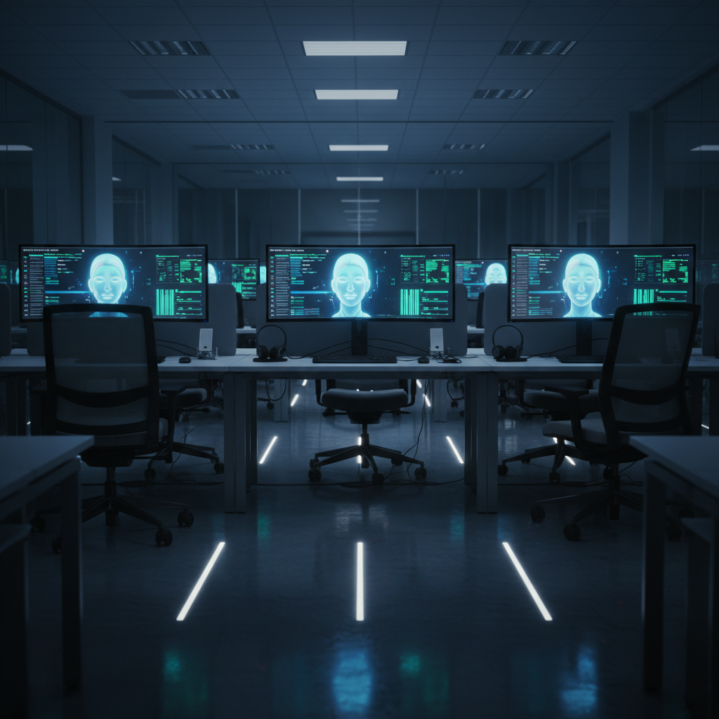 Hyper-realistic shot of a completely empty, modern call center office at night. Rows of desks with ergonomic chairs, each with a dual-monitor setup (Dell UltraSharp 27) and a high-end headset (Jabra Evolve). The only light source comes from the monitors, which display glowing, serene AI avatar faces and active call dashboards with fluctuating green and blue graphs. No people are visible, creating a sterile and slightly eerie atmosphere of perfect, silent efficiency. Shot with a Sony A7R IV with a 24mm lens, f/2.8, modern filter with crisp details and a slight blue tint in the shadows, capturing the reflections on the polished floors and glass partitions.