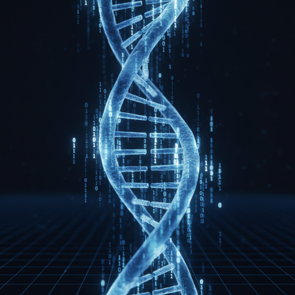 Ultra-realistic 3D render of a glowing, blue DNA double helix strand in extreme close-up. The helix is intertwined with streams of binary code (0s and 1s) made of light, symbolizing AI analysis. The icon is floating against a dark, minimalist background with a subtle digital grid pattern. The materials are photorealistic, with the DNA strand made of a slightly translucent glass-like material and the binary code having a soft, neon glow. Rendered with Octane Render, global illumination enabled, 4K resolution, with a shallow depth of field focusing on the central part of the helix.