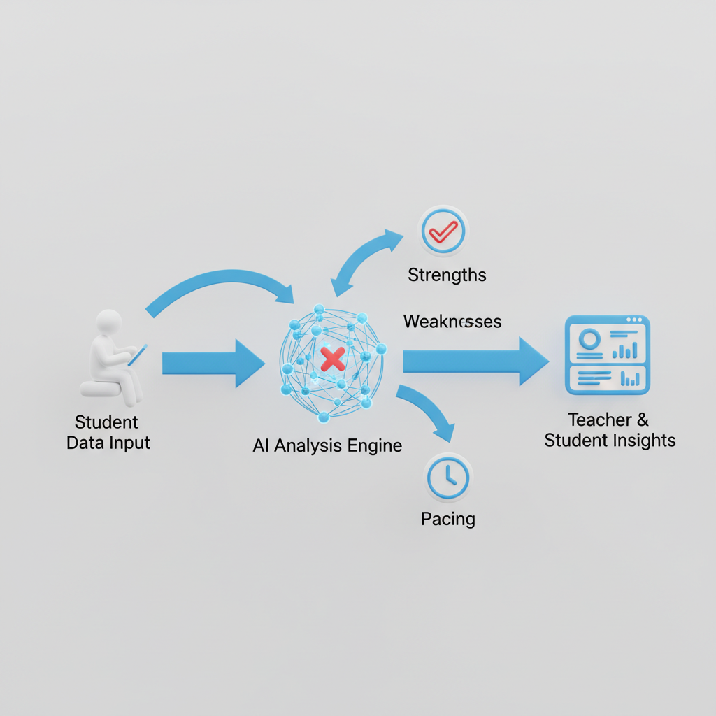 A minimalist 3D diagram illustrating the AI-driven process of monitoring student progress. It starts with an icon of a student using a tablet ('Student Data Input'). Arrows flow to a central, glowing blue neural network icon labeled 'AI Analysis Engine'. From the engine, distinct paths lead to three smaller icons: a green checkmark ('Strengths'), a red 'X' ('Weaknesses'), and a clock ('Pacing'). Finally, these paths converge into an output icon: a sleek, modern dashboard on a screen displaying personalized analytics and charts ('Teacher & Student Insights'). The entire diagram is on a light grey background (#f0f0f0) with clear labels in a sans-serif font. The 3D elements have a soft, matte finish, maintaining the blue and white color scheme.
