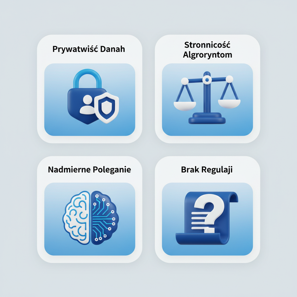 Minimalist 3D infographic with four distinct sections on a light grey background (#f0f0f0), illustrating ethical risks of AI in education. Each section has a clear title and a representative 3D icon in a consistent blue and white matte plastic style. Section 1: Title 'Prywatność Danych' (Data Privacy), icon of a detailed padlock shielding a user profile symbol. Section 2: Title 'Stronniczość Algorytmów' (Algorithmic Bias), icon of old-fashioned weighing scales, visibly tilted to one side. Section 3: Title 'Nadmierne Poleganie' (Over-reliance), icon of a human brain icon where one hemisphere is smoothly fading and transforming into a digital circuit pattern. Section 4: Title 'Brak Regulacji' (Lack of Regulation), icon of a legal document (gavel or scroll) with a large question mark on it. The layout is clean, balanced, with sans-serif labels.