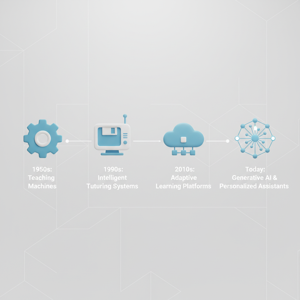 A clean, minimalist 3D infographic timeline showing the evolution of AI in education. The timeline starts on the left with a simple mechanical gear representing 'Teaching Machines (1950s)'. It progresses to the right through 'Intelligent Tutoring Systems (1990s)' represented by a retro computer icon, 'Adaptive Learning Platforms (2010s)' shown as a cloud icon with network nodes, and ends with 'Generative AI & Personalized Assistants (Today)' represented by a glowing, abstract neural network icon. The background is a light, neutral grey (e.g., #f0f0f0) with a subtle grid pattern. Each point on the timeline has a clear date and a short, concise label. The 3D icons are rendered in a soft, matte plastic style with a consistent color palette of blues and whites.