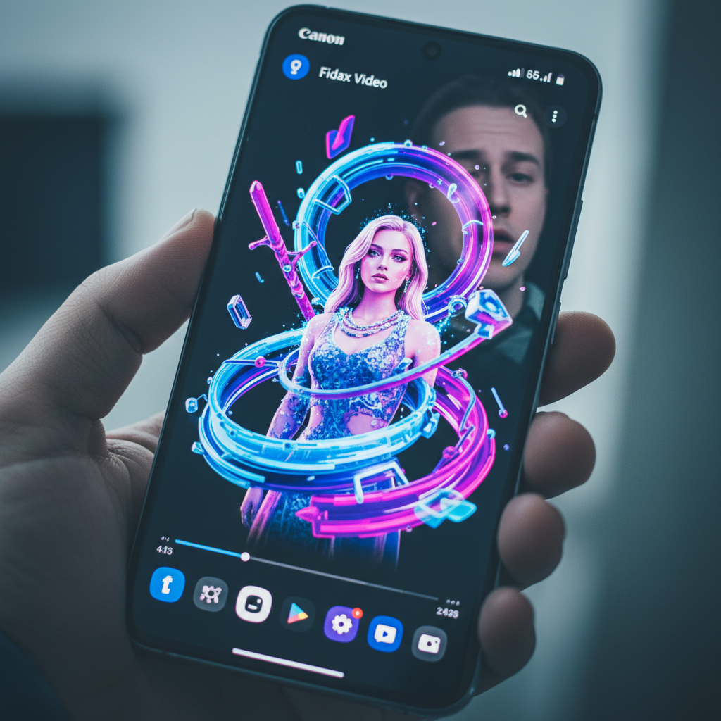 Extreme close-up shot of a Samsung Galaxy S24 Ultra screen held in a person's hand. The screen shows a stylized, slightly surreal video clip generated by AI, featuring a female pop star figure amidst swirling colors and abstract shapes. The video interface has a visible timeline at the bottom. In the reflection on the screen, you can vaguely see the concerned and disappointed face of the person watching. The shot is taken with a Canon EOS R6 Mark II using a 100mm macro lens at f/2.8, focusing sharply on the pixels of the phone screen, with the hand and background softly blurred. Modern filter with high contrast and cool tones to emphasize the digital and impersonal nature of the content.