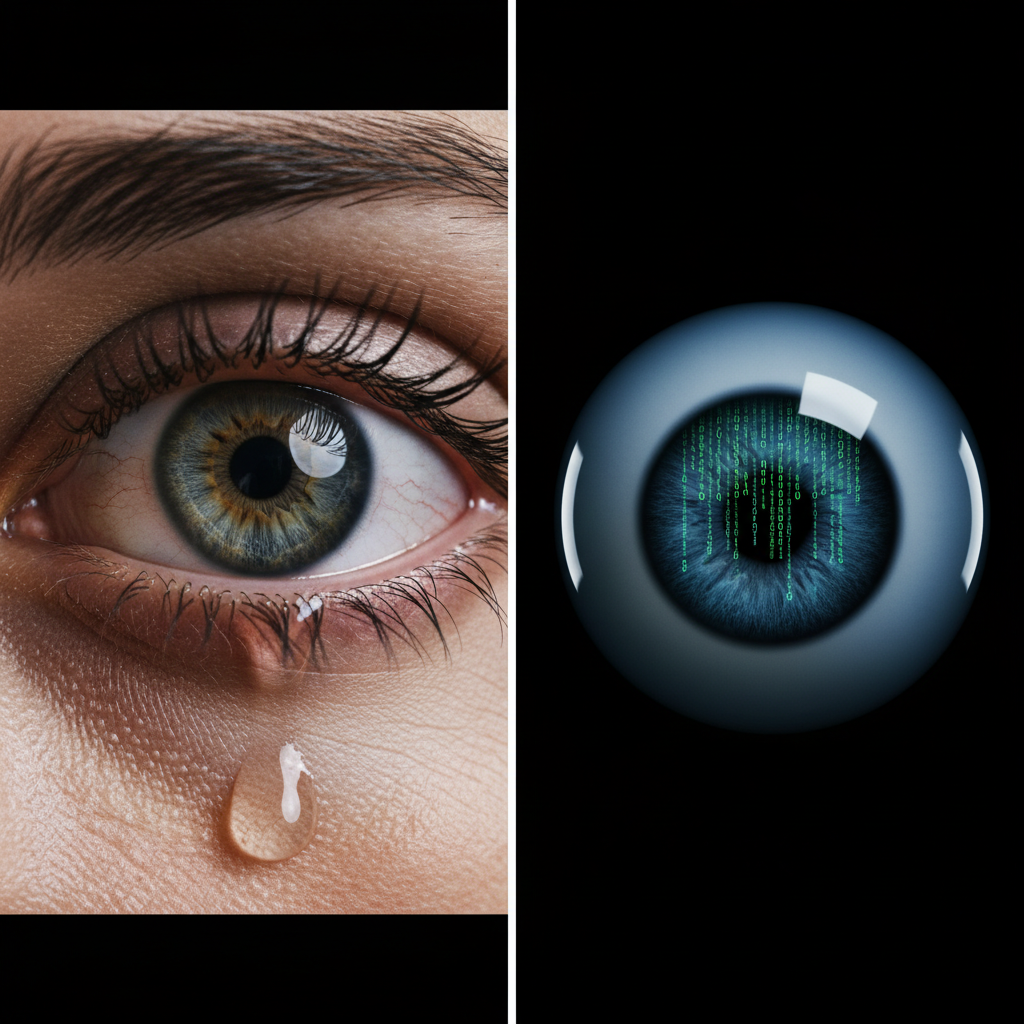 A hyperrealistic, split-screen image captured with a Canon EOS R5 and a 50mm f/1.2 lens. On the left side, a close-up of a human eye, showing incredible detail like tiny blood vessels, reflections of a studio light in the pupil, and a single tear welling up, conveying deep, raw emotion. On the right side, a perfectly rendered, synthetic eye of an AI actor. It's flawless, glossy, but the reflection in its pupil shows cascading lines of binary code (0s and 1s) instead of a light source. The image uses a modern filter with high contrast to emphasize the stark difference between organic, emotional complexity and cold, calculated perfection.